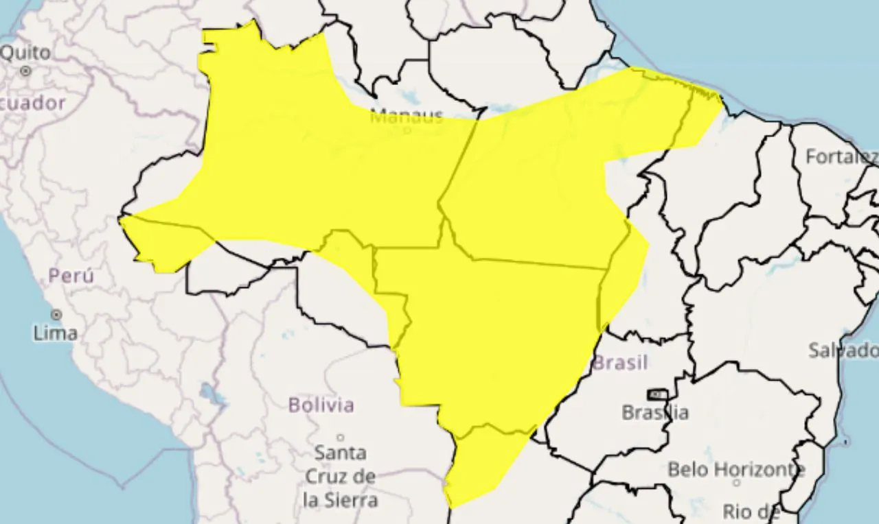 O mapa mostra as área em alerta para temporais e chuva intensa